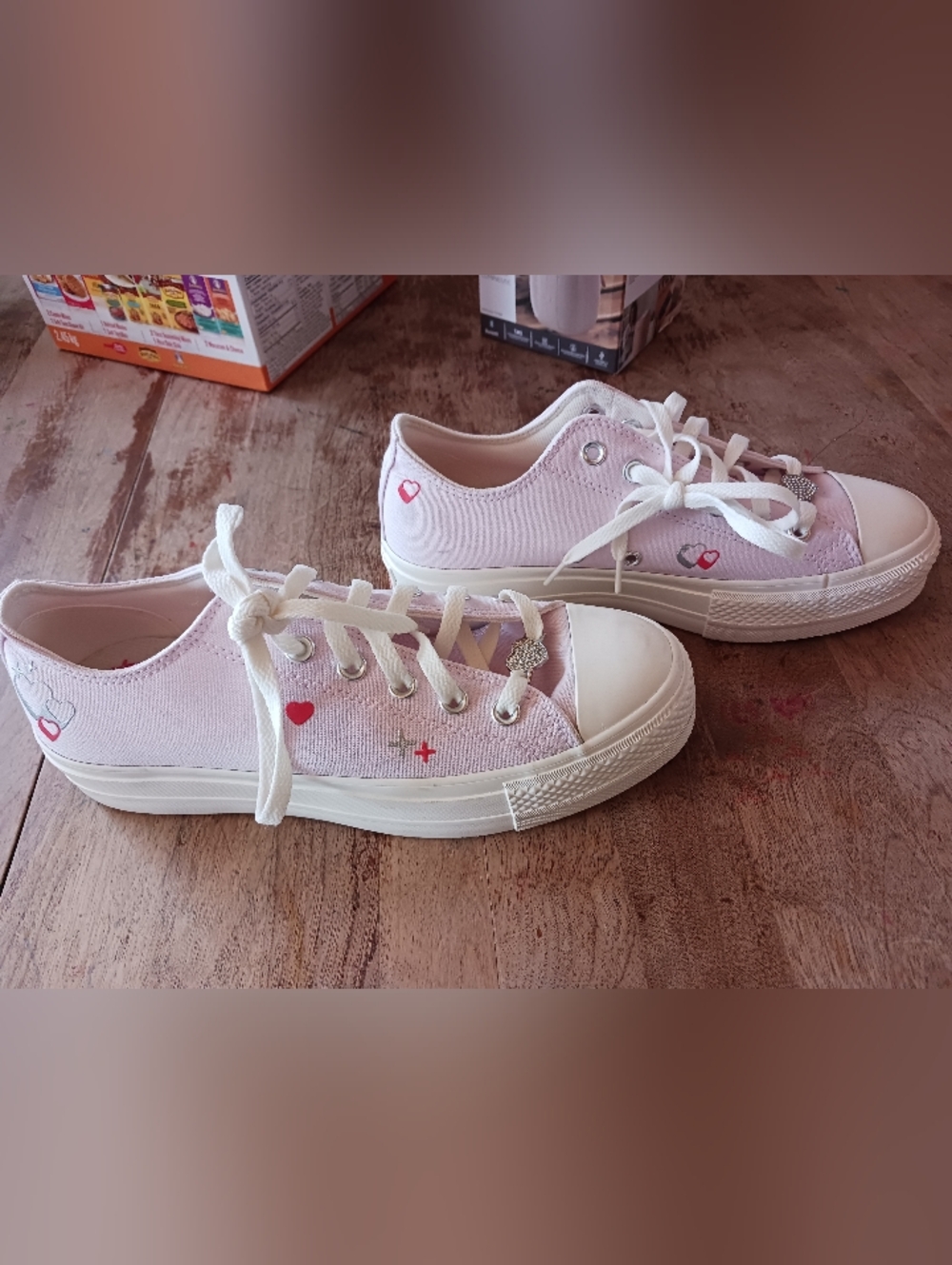 Converse Light Pink Platform Low- Top Sneakers with Red Heart Detail